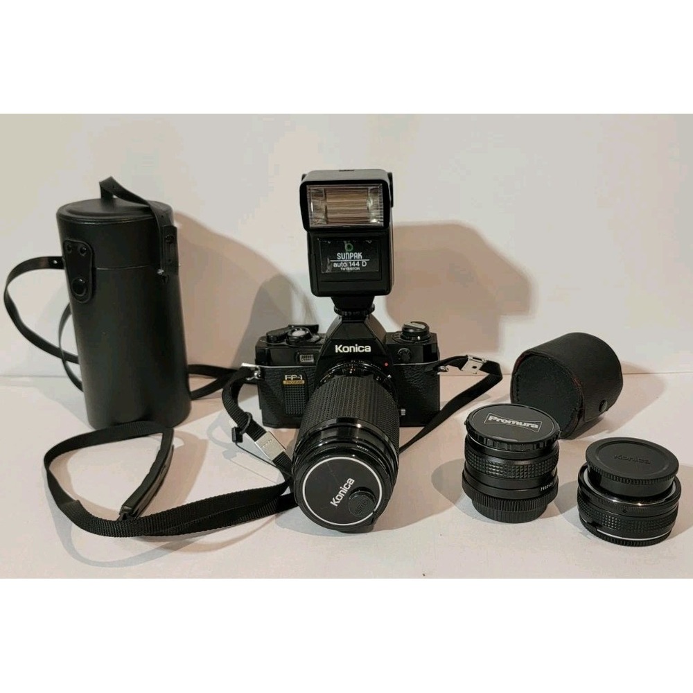 Vintage Konica FP-1 Program Motor Camera Lens Bundle + Case